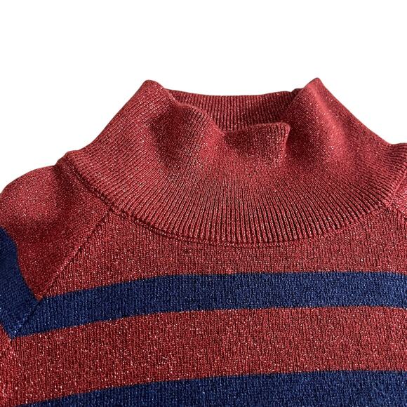 Zara Red Navy Striped Metallic Knit High Mock Neck Short Sleeve Sweater Size S - Picture 5 of 8